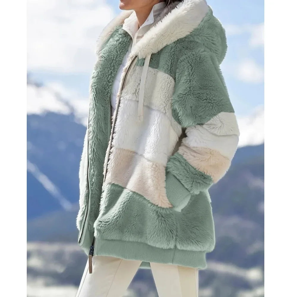 Abrigo de invierno para mujer 2025, chaqueta de mujer con cremallera y capucha, empalmado, cachemira gruesa, chaqueta de mujer, costura a cuadros, abrigos de mujer