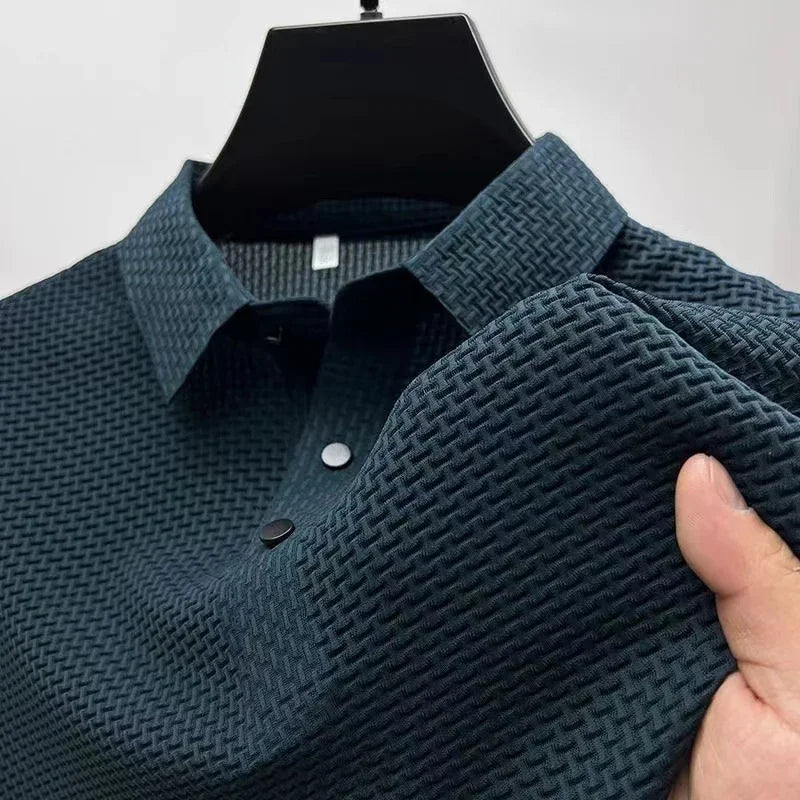 Nueva camiseta tipo polo de moda para hombre de negocios informal de manga corta con estampado de huesos y color liso, transpirable, cómoda y versátil para verano