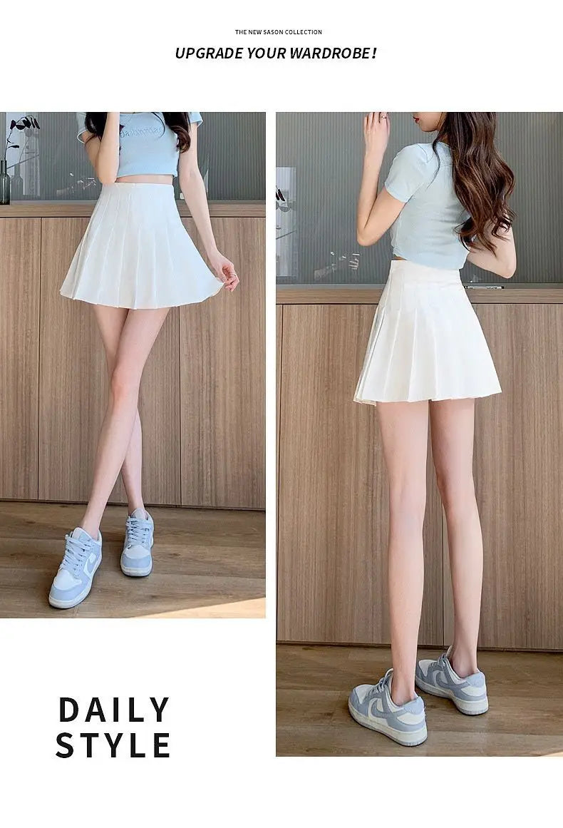 Mini jupe plissée avec short pour femmes, taille haute, ligne a, jupe patineuse, blanc, noir, rose, uniforme scolaire sportif, nouvelle mode, offre spéciale