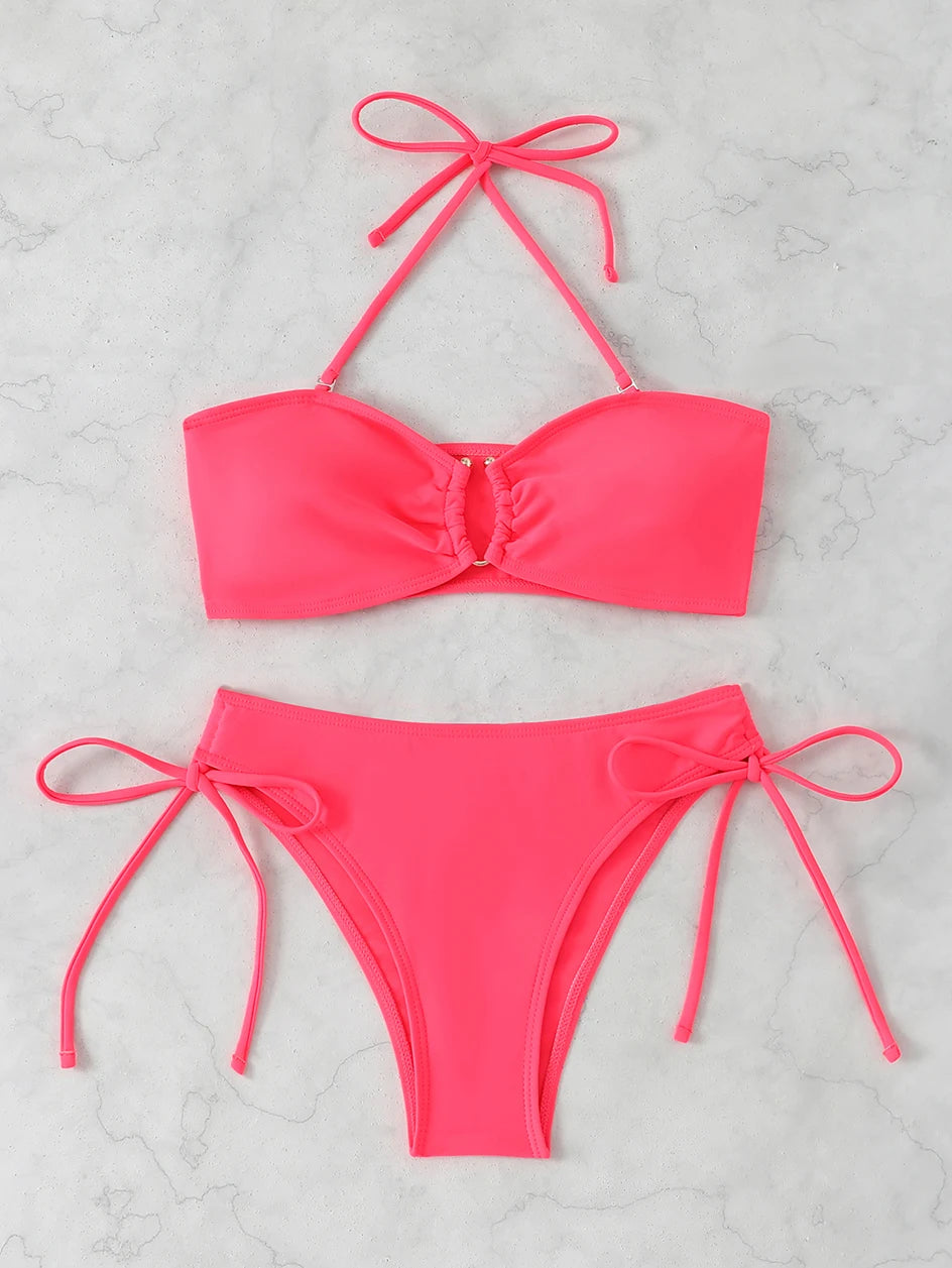 Maillot de bain bikini taille haute pour femme 2026, maillots de bain noués, maillots de bain femme, bandeau push-up, ensembles de bikinis, vêtements de plage brésiliens