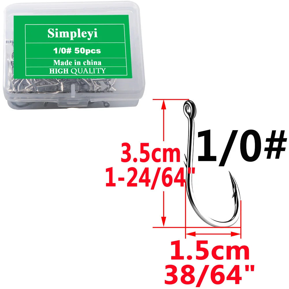 Anzuelos de pesca de acero con alto contenido de carbono, con púas, juego de anzuelos circulares individuales, lombriz marina, carpa, accesorios de pesca con mosca, anzuelo, 50 piezas por caja