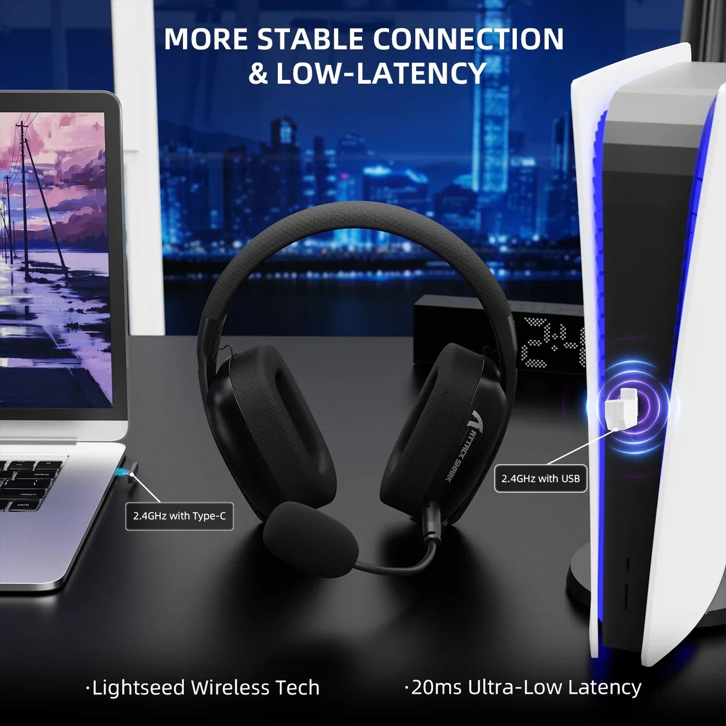 Casque gaming sans fil 2.4G/BT/filaire ultra-léger — pilotes 40mm, faible latence, PC et consoles