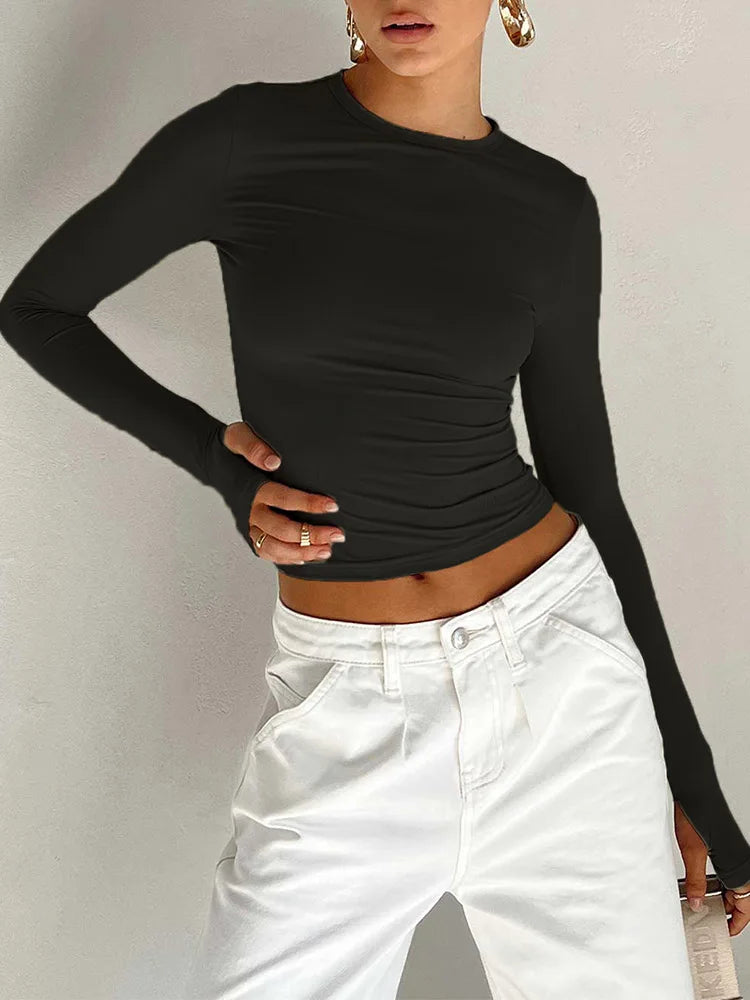 Haut Court Femme Manches Longues — Trous Pouces Streetwear Coupe Ajustée