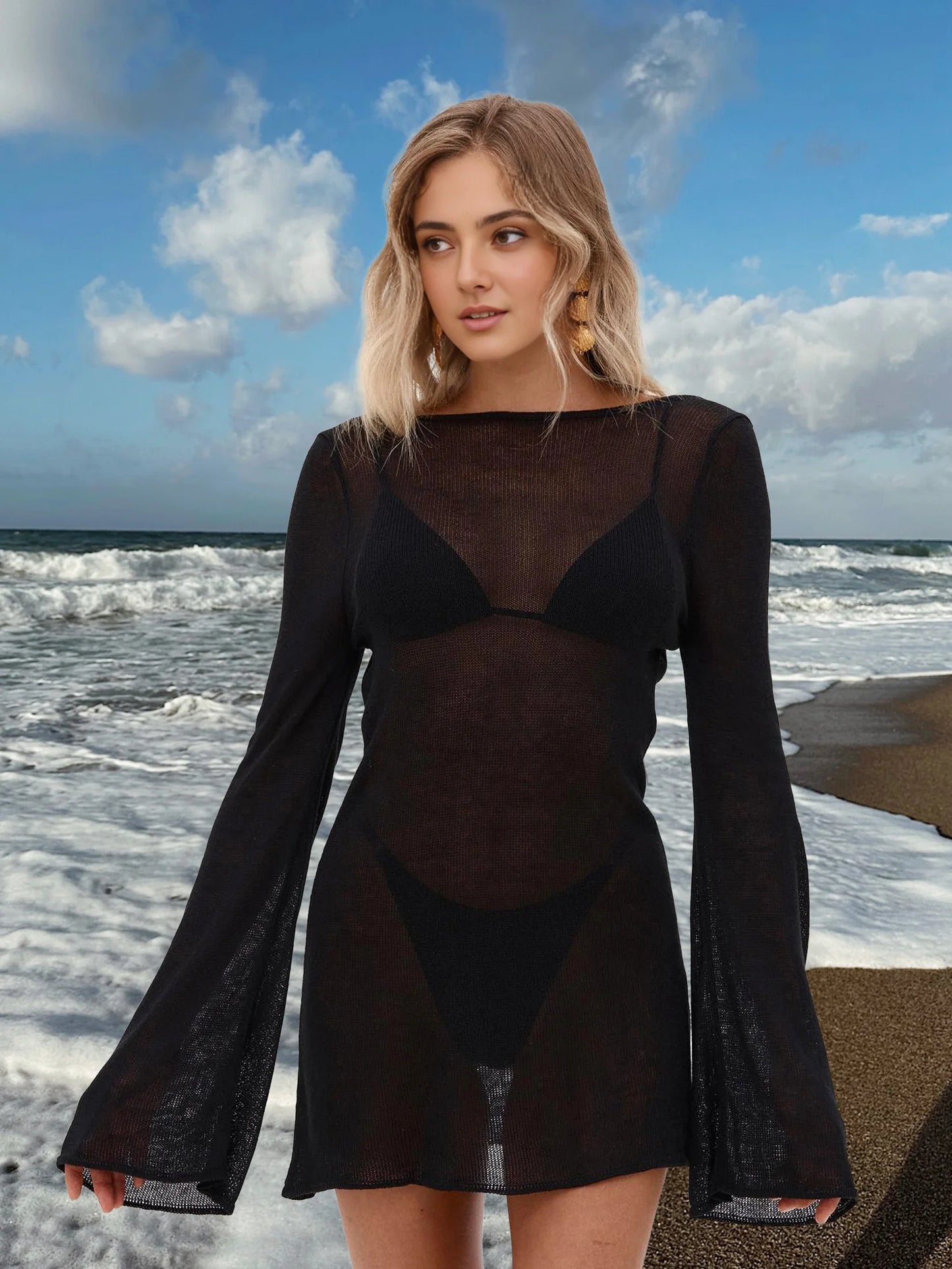 Robe de plage en tricot transparent pour femmes, dos nu, manches cloche, couleur unie, coverups de bain, élégante, col rond, mini, été, 2025, K98