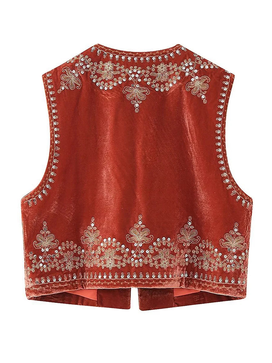 Chaleco bordado negro Vintage con estampado Floral para mujer, sin mangas, frente abierto, corto, versátil, ropa de abrigo y2k, cárdigan Boho corto