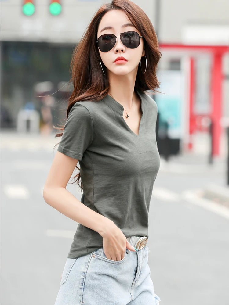T-shirt en coton et bambou pour femme, col en V, doux, basique, classique, mode, tailles S-3XL, collection été 2026