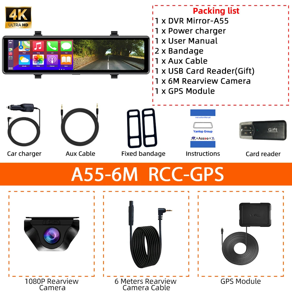 Yangood 4K Mirror Dash Cam DVR Supports Wireless Carplay and Android Auto Loop Recording 24H Parking Monitoring Dashboard Camera