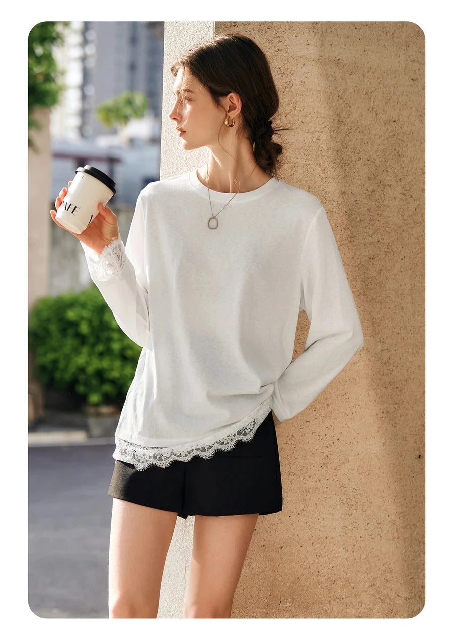 T-shirt femme en coton blanc automne 2026 — décontracté, ample, col rond, manches longues en dentelle
