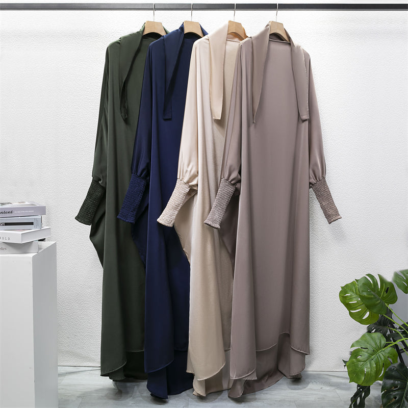 Abaya musulman à capuche manches smockées une pièce Robe de prière femmes Jilbab vêtements islamiques dubaï saoudien Robe noire modestie turque