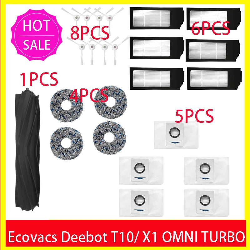Ecovacs Deebot X1 OMNI / T10 OMNI Robot Vacuum Cleaner Spare Parts, Rubber/Side Brush, Cover, Hepa Filter, Mop Cloth, Dust Bag