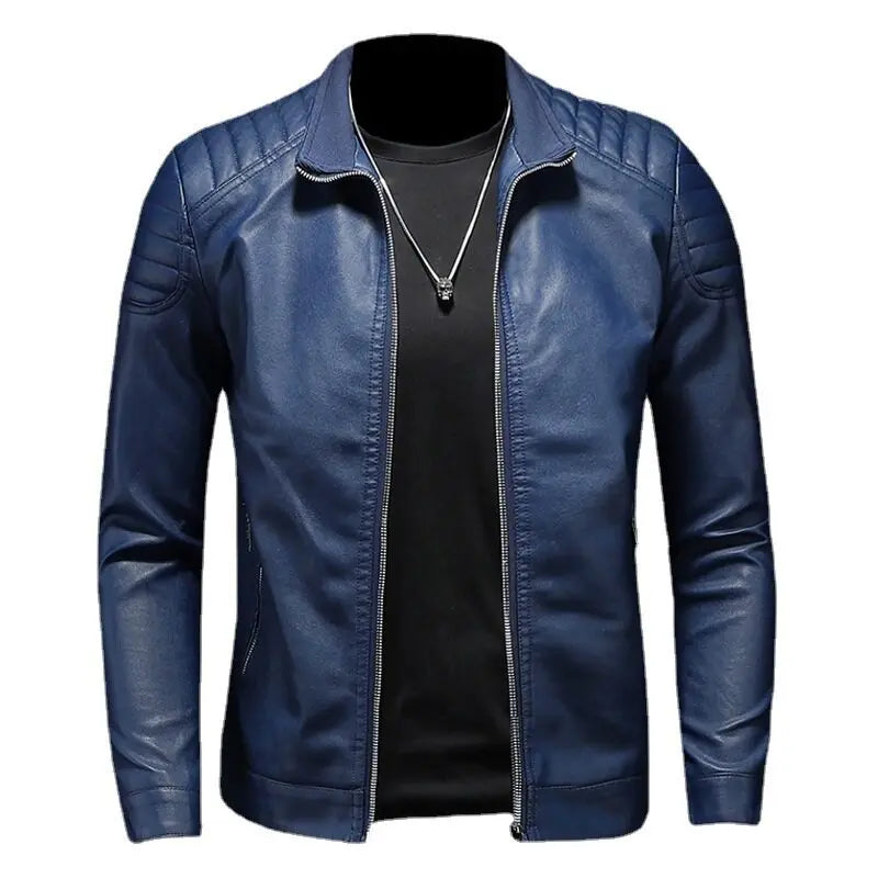 Men's PU Leather Motorcycle Jacket, Stand-up Collar, Casual Windbreaker, ChimMens Apparel, Black, Blue, Winter, 2024