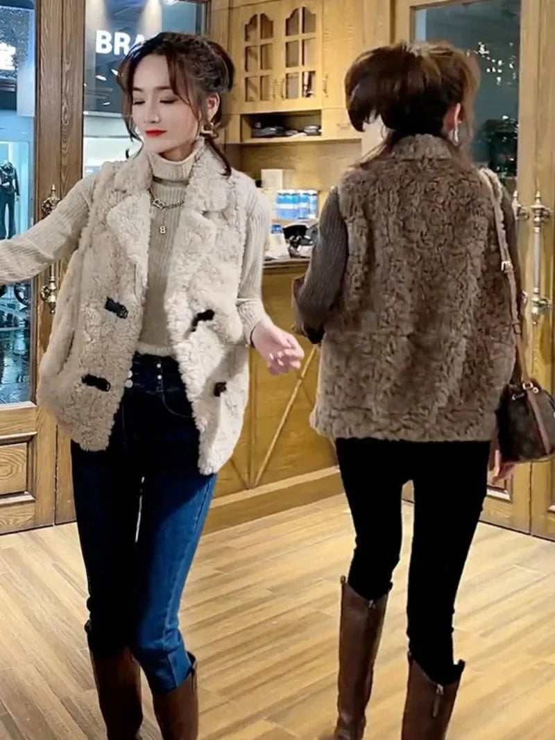 Gilet en agneau peluche pour femmes kaki — sans manches, décontracté, automne, mode 2025