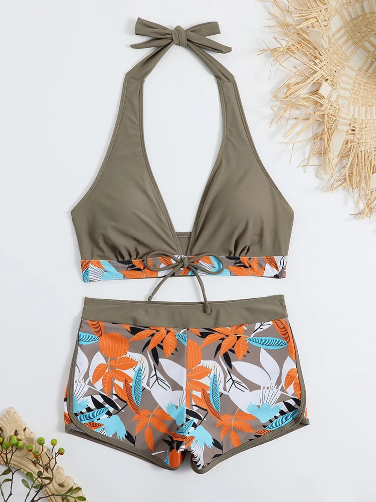 Ensemble de bikini halter 2026, maillot de bain court pour femme, maillot de bain taille haute imprimé, tenue de plage