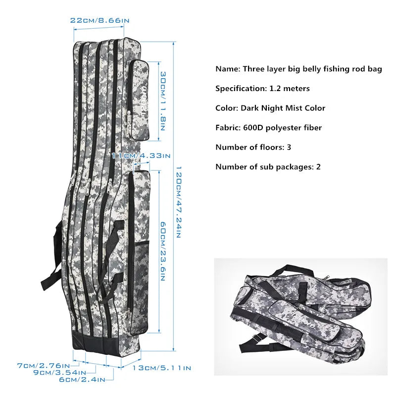 Sac de pêche en mer à grand ventre à trois couches, sac de canne à pêche à double épaule, trousse à outils pour le stockage extérieur, 1.2m, 1.5m