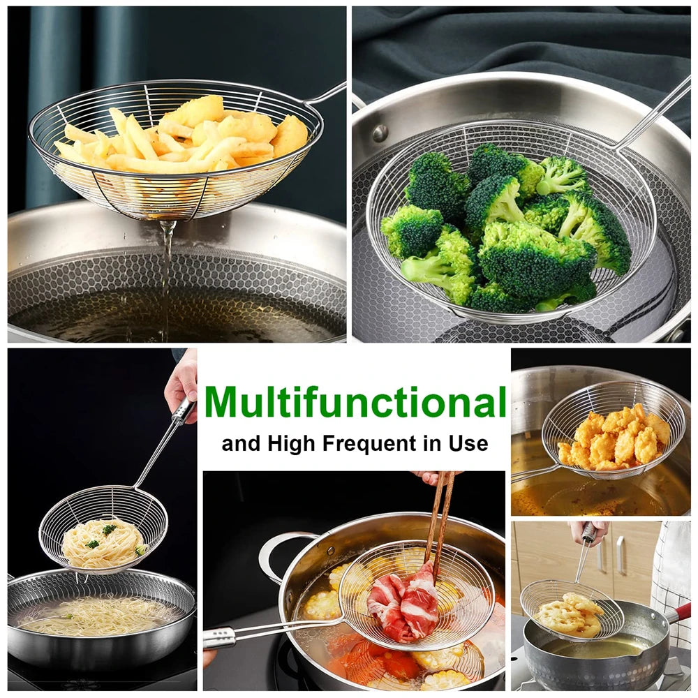 Fine Mesh Stainless Steel Skimmer Spoon, Multifunctional Spider Strainer with Long Handle for Frying Cooking and Noodle Sieve