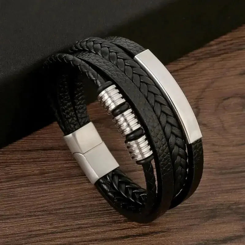 Men's multi-layer PU leather bracelet, Magnut clasp, wavy leather, gold color, metal tube, charm, fashionable hip hop jewelry