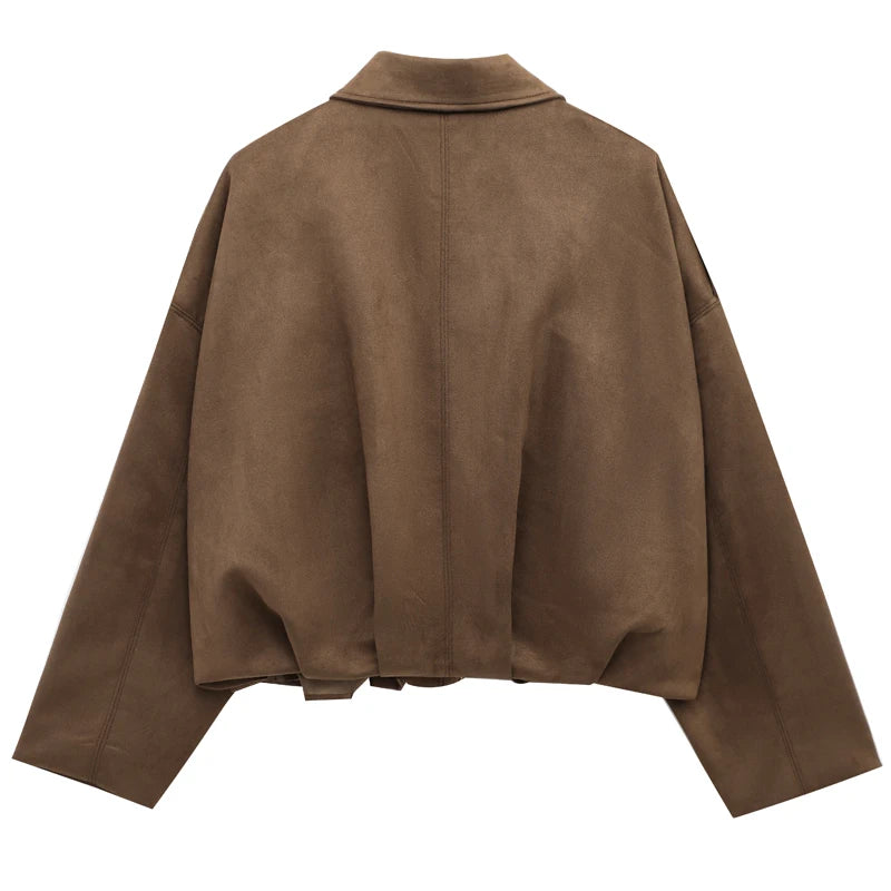 HXAO femmes Bomber veste revers fermeture éclair manches longues veste en daim femmes 2025 haute rue recadrée vestes de course manteaux vêtements d'extérieur