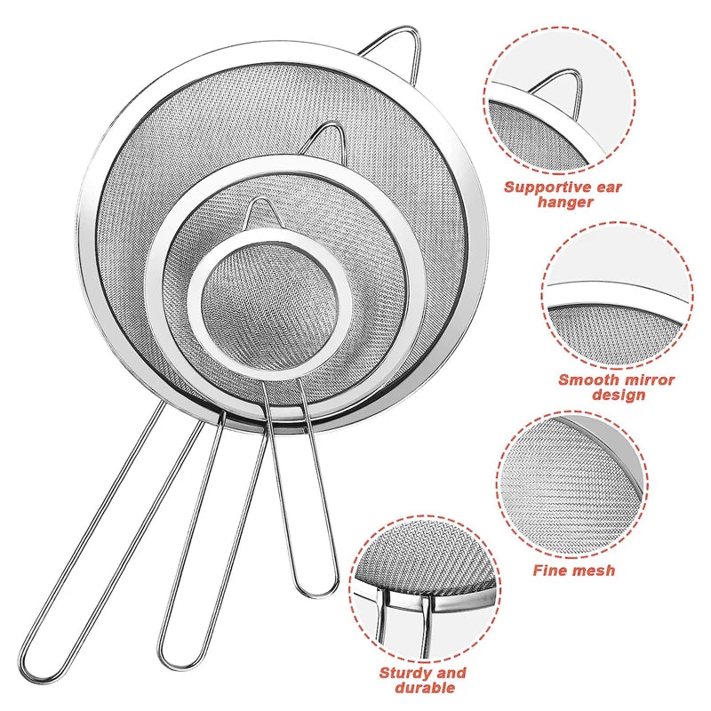 Juego de coladores de aceite de alambre de acero inoxidable, tamices de malla fina, colador de harina, espectaculares herramientas para hornear, accesorios de cocina, 1 pieza, 3 piezas, 4 piezas