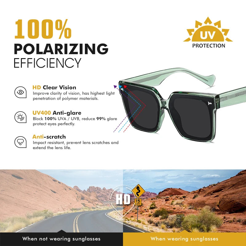 Premium Polarized Square Sunglasses for Women, Thick Crystal Rivet Oversized Stylish Driving Eyewear for Men, Women's Sunglasses