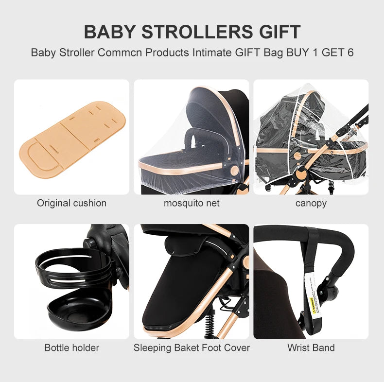 Lightweight baby stroller with aviation-grade frame, 360° swivel wheels, adjustable backrest, removable cushion, and storage basket
