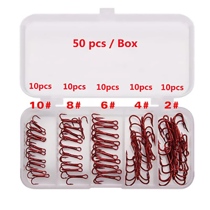 Ensemble de 50 hameçons triples rouges avec boîte de rangement, 5 tailles 2 #   4 #   Assortiment d'hameçons de pêche 6 8 10 pour leurres et kit de remplacement de matériel de pêche