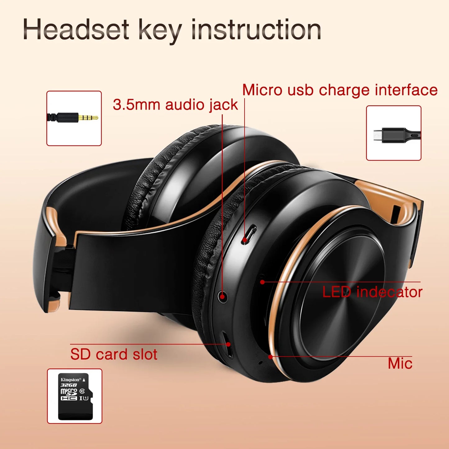 Auriculares inalámbricos Bluetooth para hombre, regalo dorado, auriculares estéreo, juego con micrófono incorporado, universales para Android e iOS