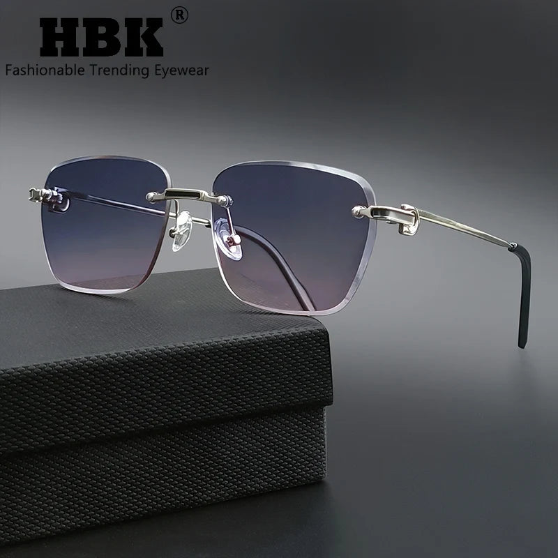 HBK Nueva montura sin montura Gafas de sol Hombre Gafas de sol degradadas Mujer Retro Negocios Compras UV400 Gafas de sol Hombre