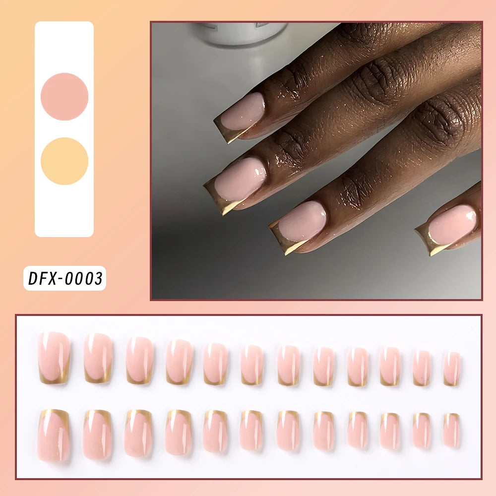 24 pièces/ensemble français rose carré court faux ongles presse sur ongles bord blanc nu rose ongles conseils couverture complète portable pointe française