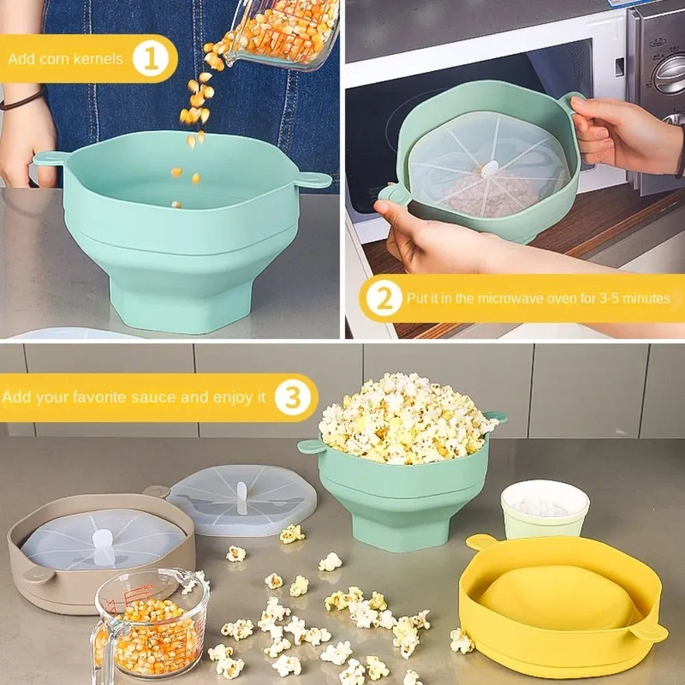 Palomitas de maíz de silicona para microondas, plegable con tapa, cubo de palomitas de maíz DIY, apto para lavavajillas, para el hogar, herramienta de cocción para ver películas