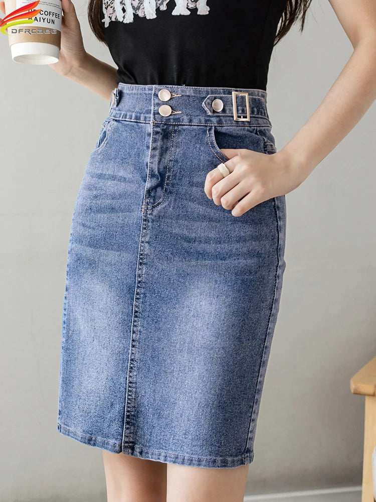 Otoño 2025 talla grande falda para mujer cintura alta talla grande abertura negro o azul denim faldas moda coreana delgada falda femenina