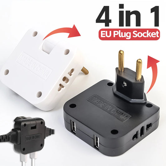 Convertisseur de prise UE 4 en 1 180 °   Prise rotative pour chargement de téléphone portable, 2 USB et 2 prises murales universelles AC, adaptateur secteur