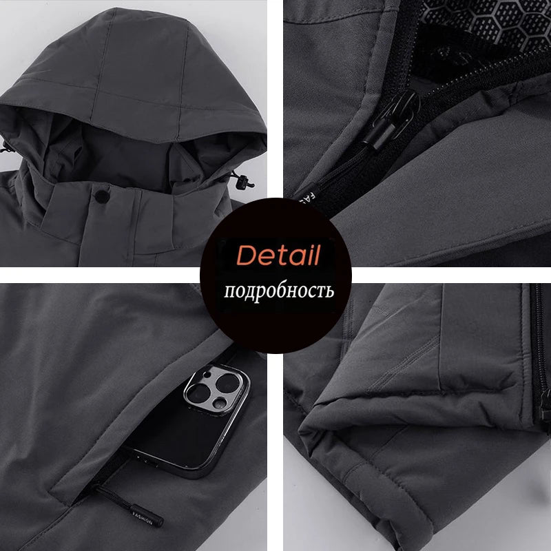 Men's thick waterproof winter jacket, windproof, detachable hood, multi-pockets, work windbreaker, Safari
