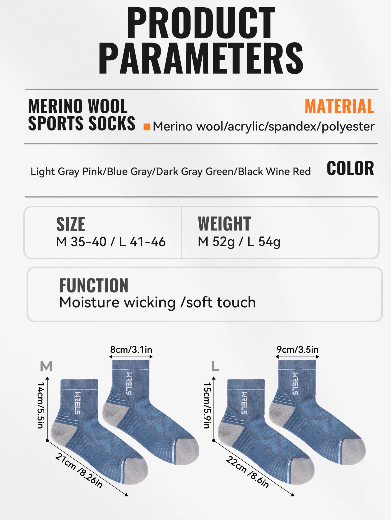 WRELS 1/2/3 paires chaussettes en laine mérinos thermique chaud hiver haute élastique épais chaussettes de randonnée Absorption d'humidité chaussettes de sport en laine