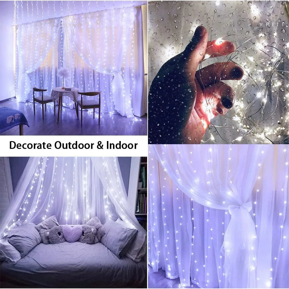 Cortina de luces LED con control remoto USB, 8 modos, decoración navideña para el hogar, vacaciones, Año Nuevo