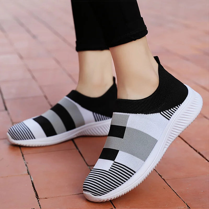 Zapatillas Planas Tejidas con Mezcla de Colores para Mujer, Zapatos Casuales Vulcanizados de la Nueva Colección