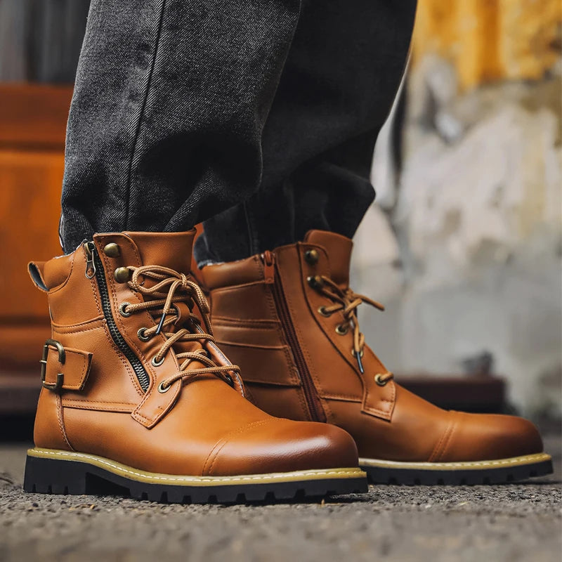 Bottines Moto Homme Cuir Double Zip Style Retro — Grande Taille EU 38–48