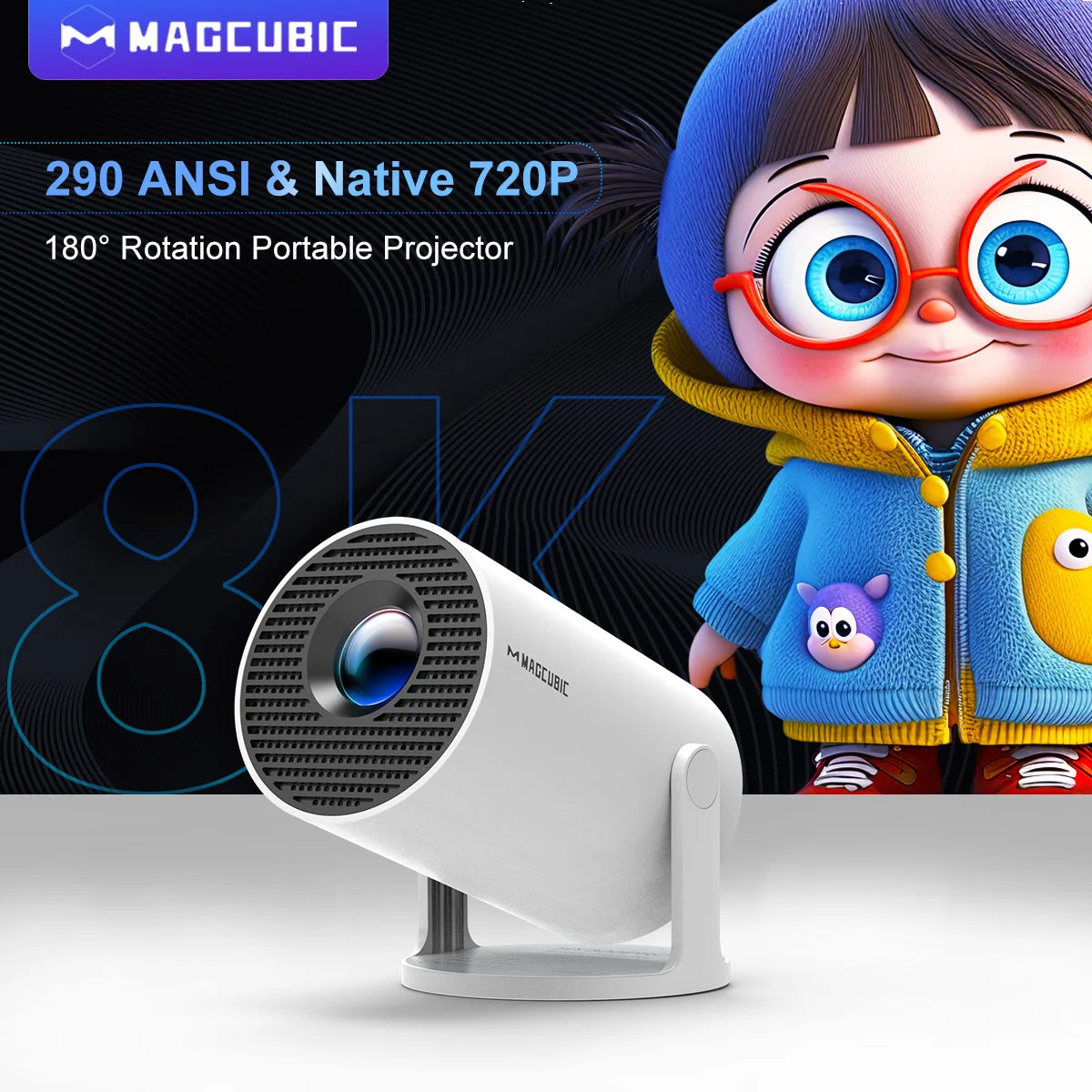 Projecteur 8K Android 14 — double WiFi6, 290 ANSI, BT5.4, 720P, cinéma maison extérieur portable
