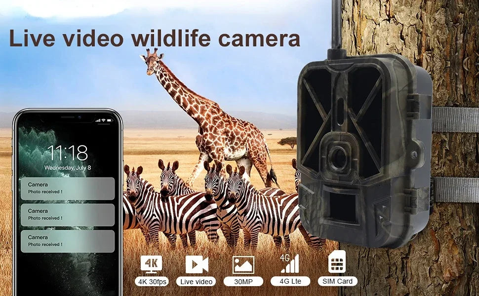 Caméra de chasse à vision nocturne 4G avec suivi et contrôle par application, batterie Li-ion 8000 mAh, 120° °   Caméra de surveillance sans fil Cloud Service Game Scout