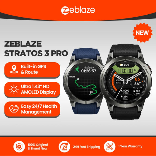New Zeblaze Stratos 3 PRO GPS Smartwatch 1.43" HD AMOLED Display Built-in GPS Bluetooth Phone Calls Sport Smartwatch for Men
