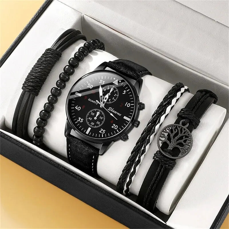 Nuevo conjunto de reloj de pulsera de lujo para hombre, moda de negocios, relojes de cuarzo de cuero marrón para hombre, regalo Relogio Masculino