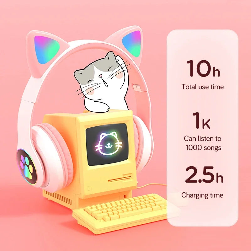 Auriculares estéreo Bluetooth 5.0 con orejas de gato y luz LED, compatibles con tarjeta TF y micrófono, inalámbricos, para niños y niñas, regalo de cumpleaños