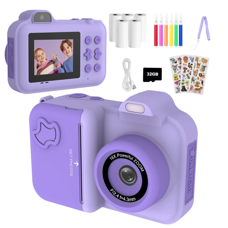 Appareil photo numérique à impression instantanée pour enfants, stylos à documents pour enfants, papier d'impression thermique, jouets cadeaux de Noël pour garçons et filles, 32G