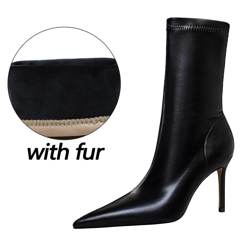 BIGTREE-Botas de piel de tacón alto para mujer, botines cortos, zapatos de tacón, otoño e invierno