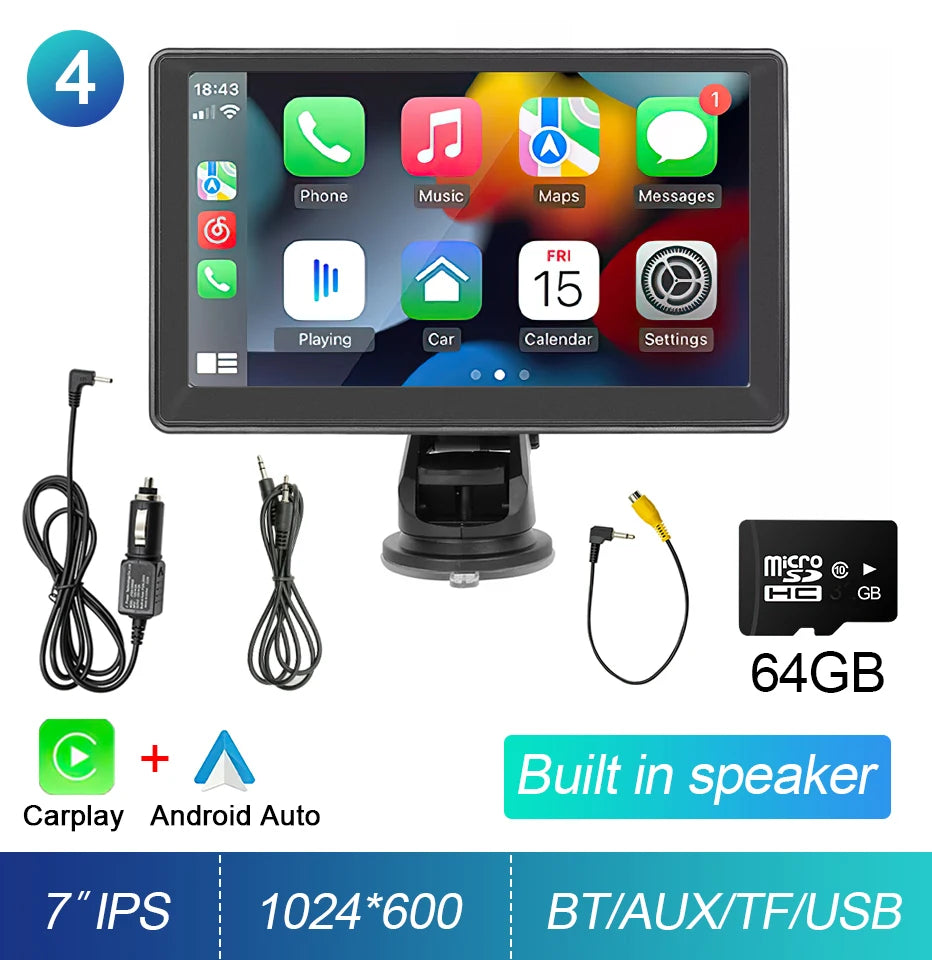 Pantalla táctil portátil de 7 pulgadas IPS CarPlay Android Auto, radio para coche, reproductor de video multimedia, navegación GPS, WiFi, cámara de marcha atrás