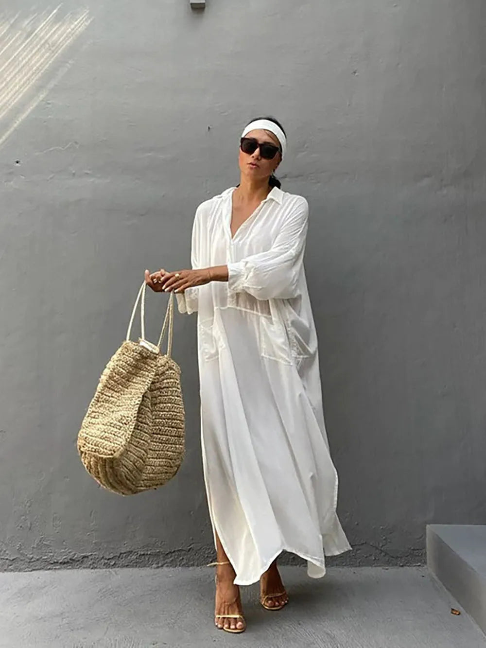 Robe de plage tunique cache-maillot pour femme 2026, en coton blanc uni, col montant, paréo, tenue de plage