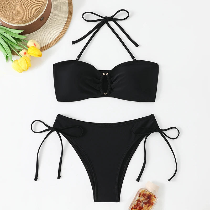 Maillot de bain bikini taille haute pour femme 2026, maillots de bain noués, maillots de bain femme, bandeau push-up, ensembles de bikinis, vêtements de plage brésiliens
