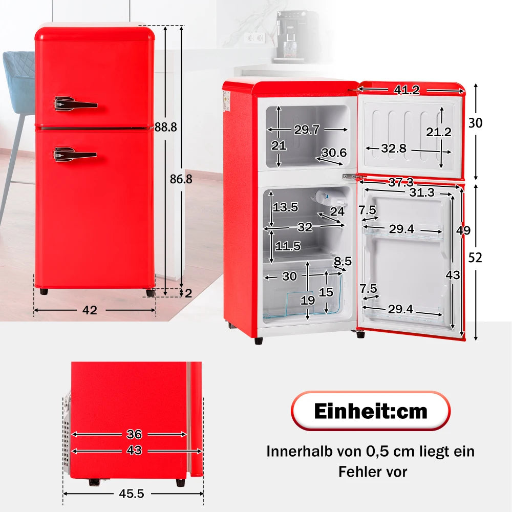 Combinaison réfrigérateur-congélateur rétro 45,5 cm de large, 2 portes 60 litres de volume total, volume de congélateur 22 litres. 102 KWh/année,
