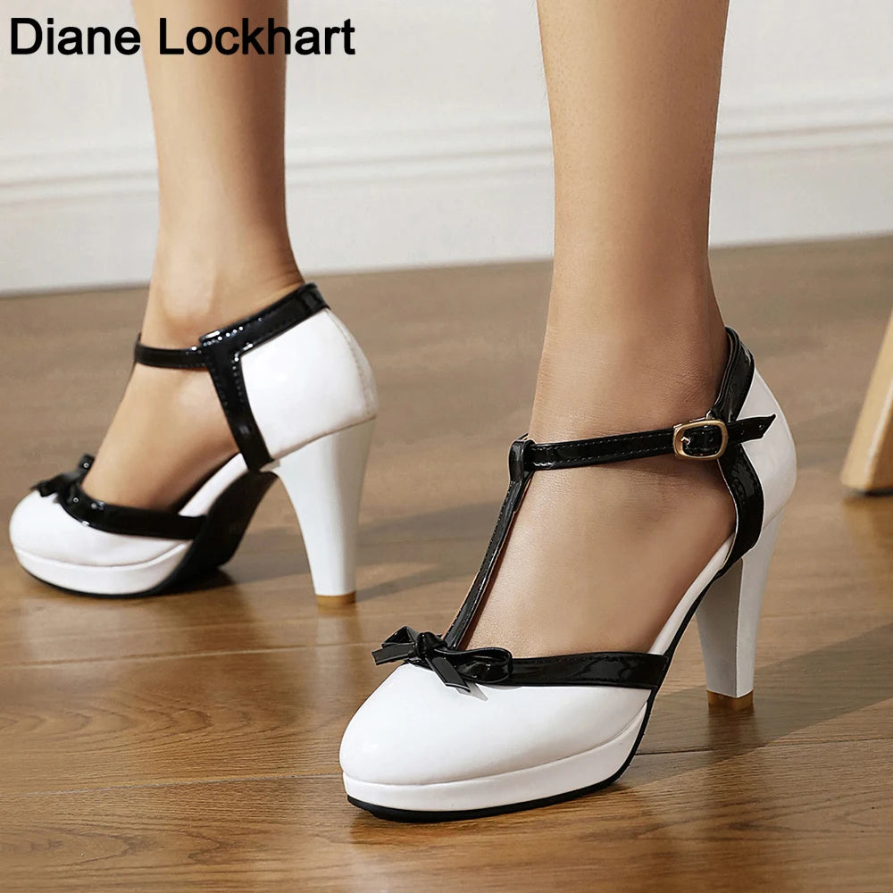 Zapatos de tacón alto con punta redonda para mujer, tacones de plataforma con lazo, zapatos de fiesta de boda, talla grande