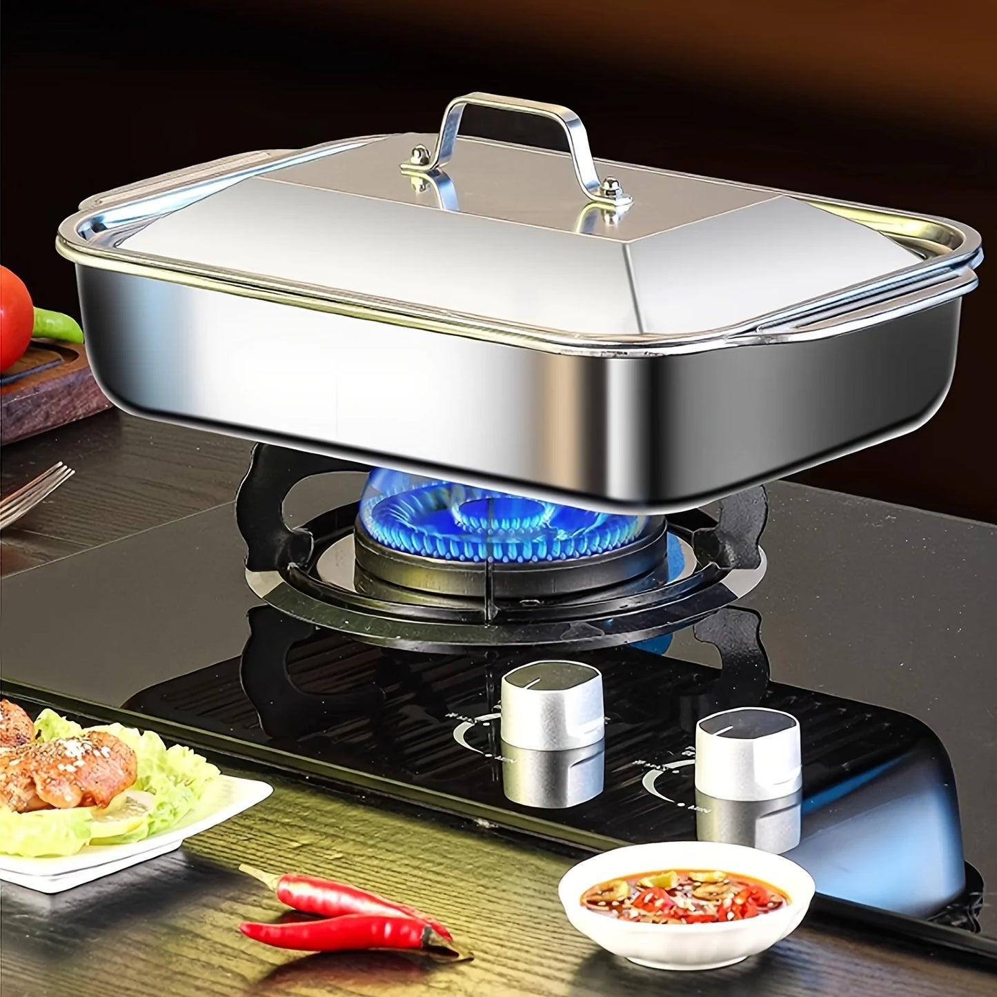 Ensemble de poêles de cuisson en acier inoxydable, 4 pièces, avec couvercles, plat profond de 16 pouces x 9 pouces pour poisson/pâtes/four à griller et ustensiles de cuisine lavables au lave-vaisselle, 4,2 l
