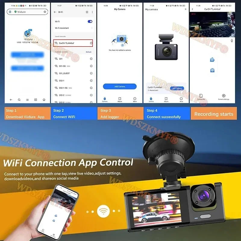 Dashcam WiFi 3/2 Objectifs 1080P — Vision Nocturne Avant Arrière Enregistreur